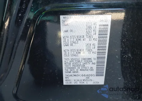 2015 Nissan Pathfinder Sl z USA, uszkodzony, nr VIN 5N1AR2MN3FC664095